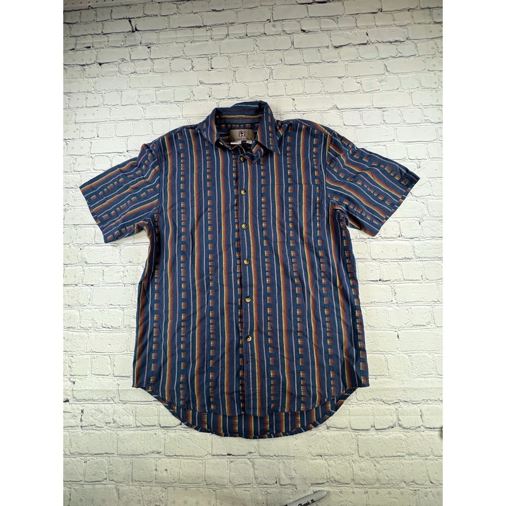 VTG The Territory Ahead Shirt Mens S Blue Stripe Cotton Short Sleeve Button Up